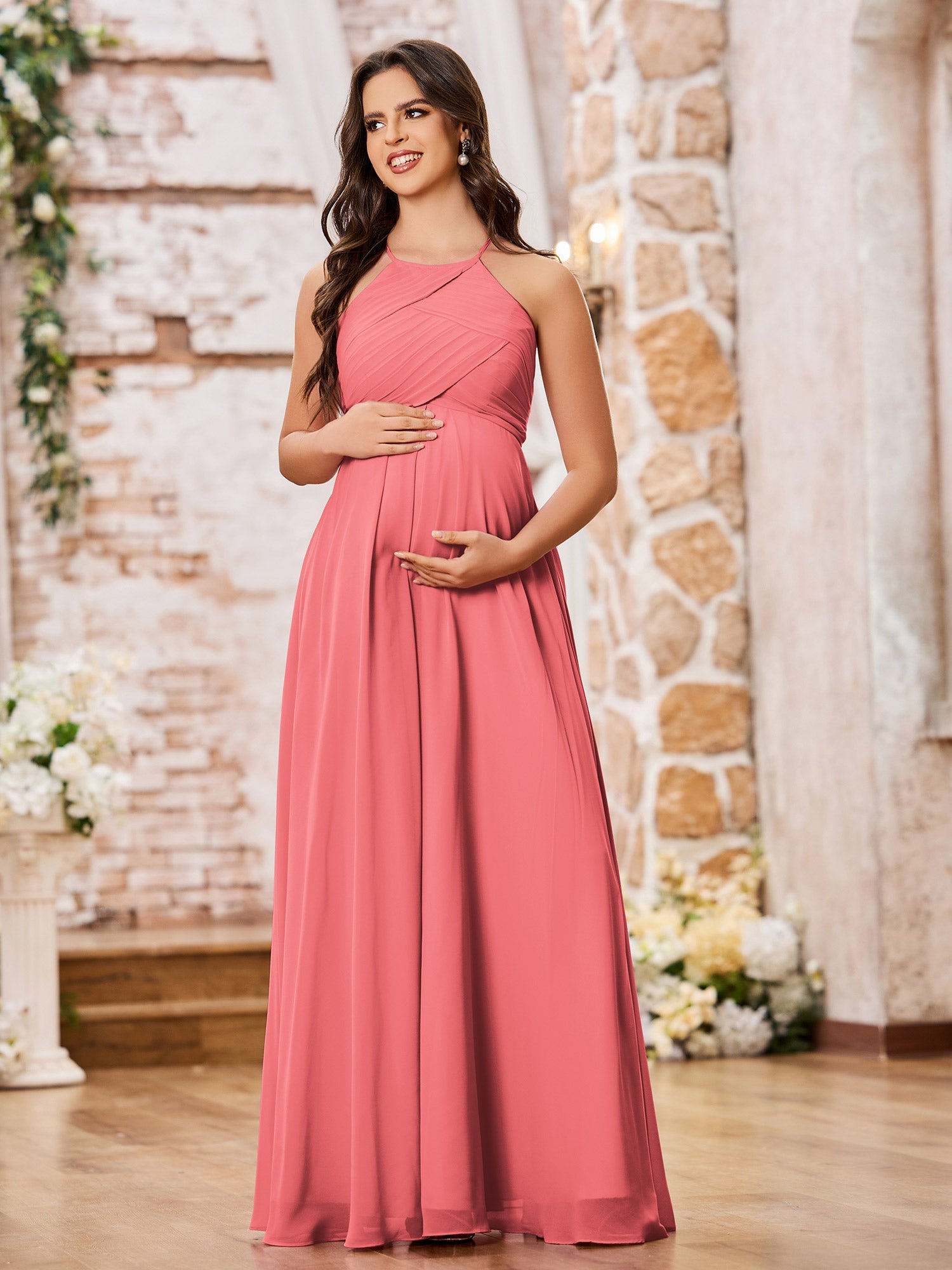 Stunning A-line Halter Empire Floor Length Chiffon Bridesmaid Gowns Watermelon